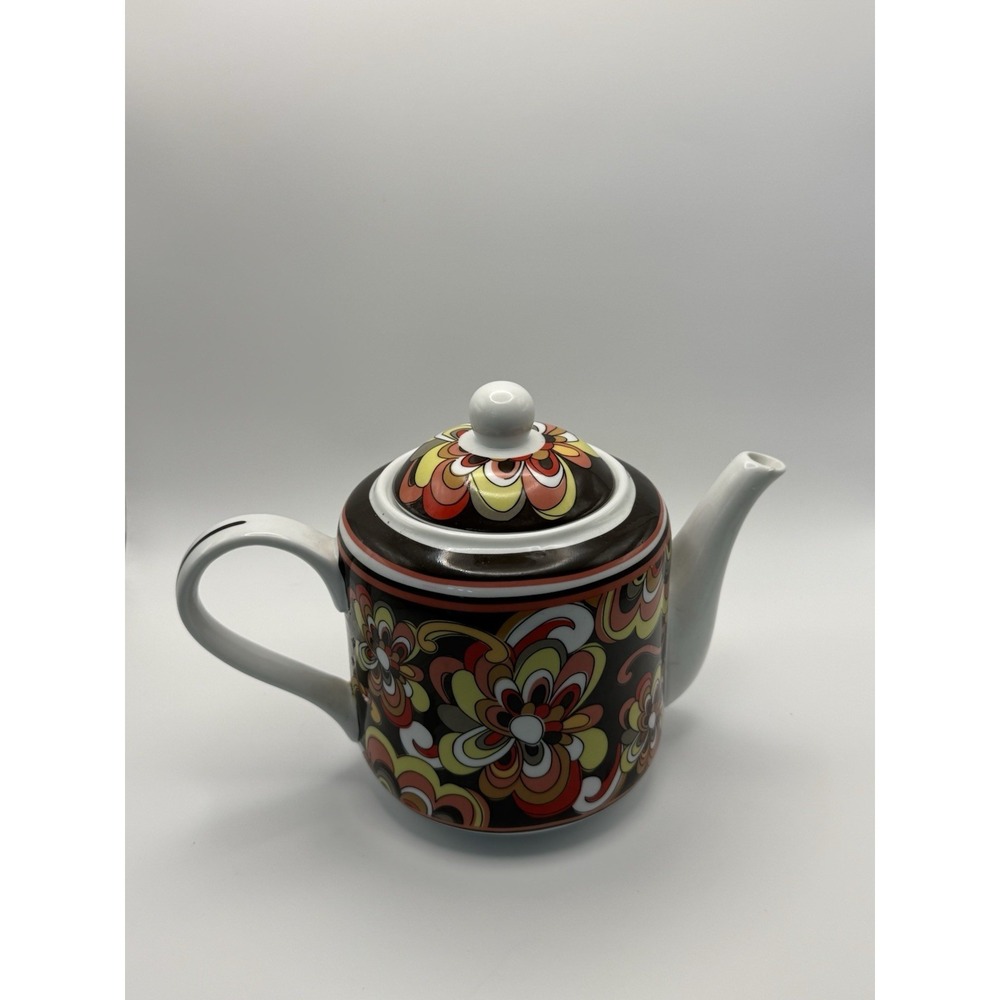 Retired Vera Bradley Puccini Teapot Brown Yellow Retro Floral Groovy Pot